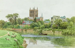 Herefordshire Prints: Hereford Cathedral from the river, Herefordshire
