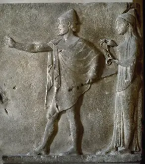 Louvre Prints: Hermes agoraios and a Charity. Thasian marble. Relief. 480 B