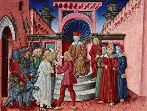 Predis Prints: Herod interrogates Jesus. Codex of Predis (1476). Italy