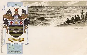 Devices Prints: Hide Tide on Blackpool Beach with Pier and Coat of Arms
