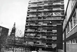 Clapham Prints: High rise tower block with banners, Clapham, London