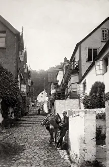 High Street, Clovelly, Devon, boy with donkey
