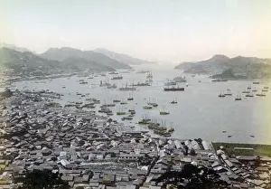 Nagasaki Prints: High view of Nagasaki habour with ships, Japan, circa 1890