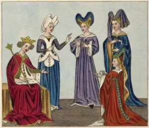Waisted Prints: High-waisted houppelandes (gowns) with turned-down collars, V -necks