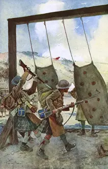 Dummy Prints: Highlanders practising bayonet work at base, WW1