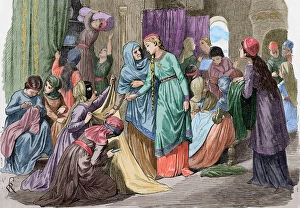 Abbess Gallery: Hilda of Whitby (614-680). Engraving. Colored