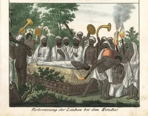 Bier Prints: Hindu funeral ceremony with body on a bier about to be cremated