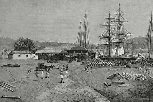 Antilles Prints: Hispaniola (La Espanola). Santo Domingo. La Enramada dock