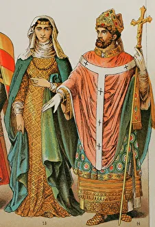 History of England, 1200. Lady and bishop. Chromolithography