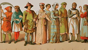 1100 Prints: History of France, 1100. From left to right: ploughmen