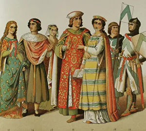 Historia Prints: History of France. 1200. From left to right: noblewoman