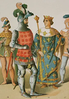 Historia Prints: History of France. 1300. From left to right: knight