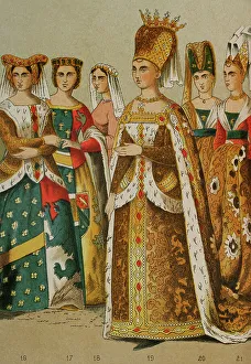 Fourteenth Prints: History of France. 1300. From left to right: lady