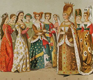 Fourteenth Prints: History of France. 1300. From left to right: queen