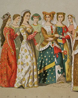 Historia Prints: History of France. 1300. From left to right: queen
