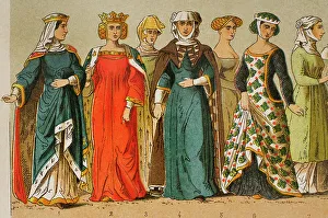 Dames Prints: History of France. 1300. From left to right: queens