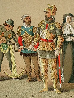 1400s Prints: History of France. 1400. From left to right: crosbowman