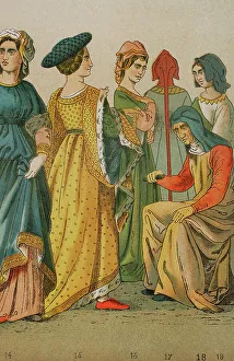 Historia Prints: History of Italy. 1300. From left to right: dames