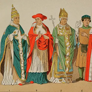 Historia Prints: History of Italy. 1300. From left to right: Pope