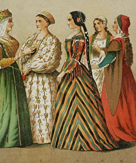 1400s Prints: History of Italy. 1400. Queen of Cyprus and ladies