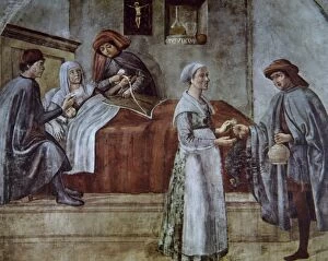 Birth Gallery: History of medicine. Parturient. Painting. 15th century. Flo