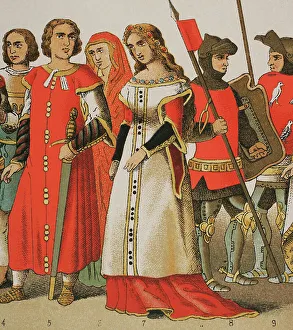 Historia Prints: History of Spain. 1300. From left to right: noblemen