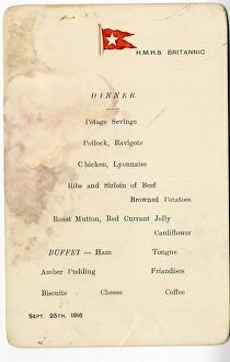 Sank Collection: HMHS Britannic - dinner menu, WW1
