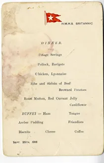 Sank Prints: HMHS Britannic - dinner menu, WW1