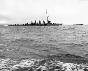 Cruiser Prints: HMS Arethusa, British light cruiser, with destroyers, WW1