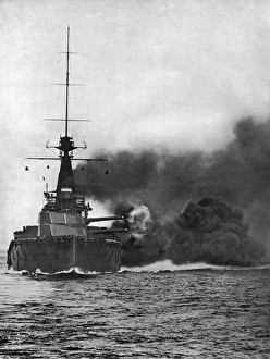 HMS Monarch firing her broadside, August 1914
