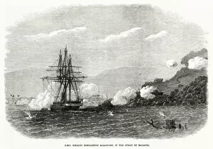 Strait Gallery: HMS Rinaldo bombarding Salangore in the Strait of Malacca. Date: 1871