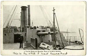 Monmouth Prints: HMS Suffolk, British cruiser, turret guns on quarter deck