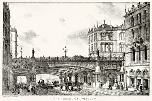 Cabs Prints: Holborn Valley Viaduct in London. Date: 1860s