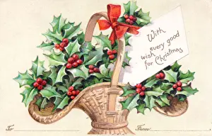 Holly in a basket on a Christmas postcard