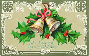 Holly Collection: Holly with bells and red ribbon on a Christmas postcard
