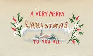 Holly and a church on a hand-coloured Christmas card