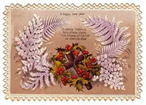 Frosted Prints: Holly and cross with frosted leaves on a New Year card