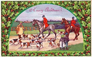 Holly with foxhunting scene on a Christmas postcard