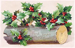Berries Prints: Holly and log on a Christmas postcard