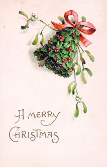 Images Dated 10th July 2018: Holly and mistletoe with bell on a Christmas postcard