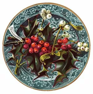 Images Dated 11th November 2015: Holly and mistletoe on a circular Christmas card