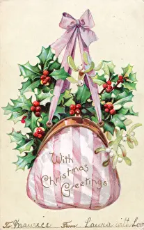 Handbag Prints: Holly and mistletoe in a handbag on a Christmas postcard