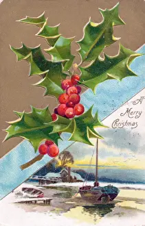 Holly with snow scene and boats on a Christmas postcard