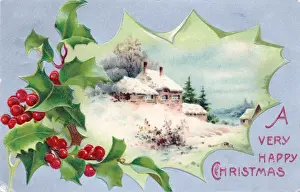 Holly with snow scene on a Christmas postcard