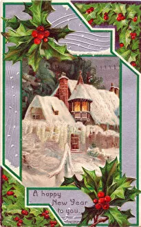 Cold Gallery: Holly with snow scene on a New Year postcard