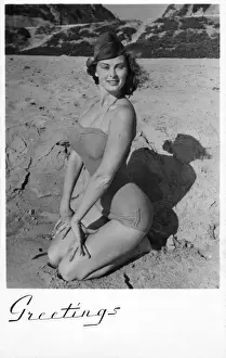 Swimwear Prints: Hollywood woman on pin-up greetings card