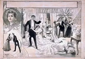 On Lookers Prints: Horrified onlookers in formal dress view dead woman and smok