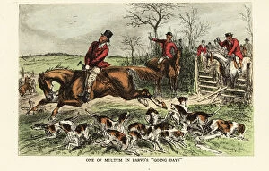 A horse bolts through a gate during a foxhunt, 19th century