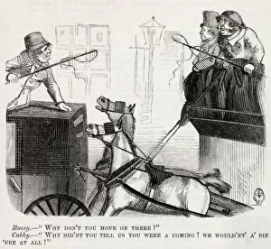 A horse-bus clashes with a horse-cab in 1853. Bussy: 'Why don't you move on there