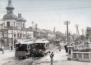 Meiji Prints: Horse drawn trams, Shinbashi, Tokyo, c. 1890s Vintage late 19th century photograph
